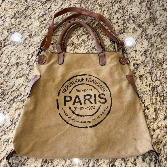 Paris Airport Canvas Tote Bag|French Graphic Travel Bag|leather trim - Picture 1 of 12